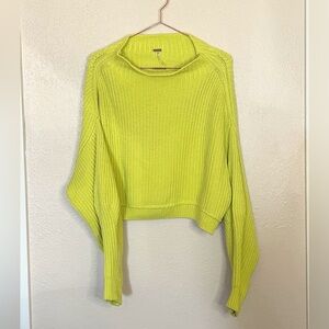 Free People Emmy Sweater Acid Lime Mock Neck Dolman Sleeve Ribbed Knit XS